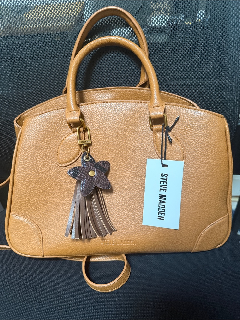 NWOT Steve Madden Tan Pebbled Leather Satchel with Tassel Charm